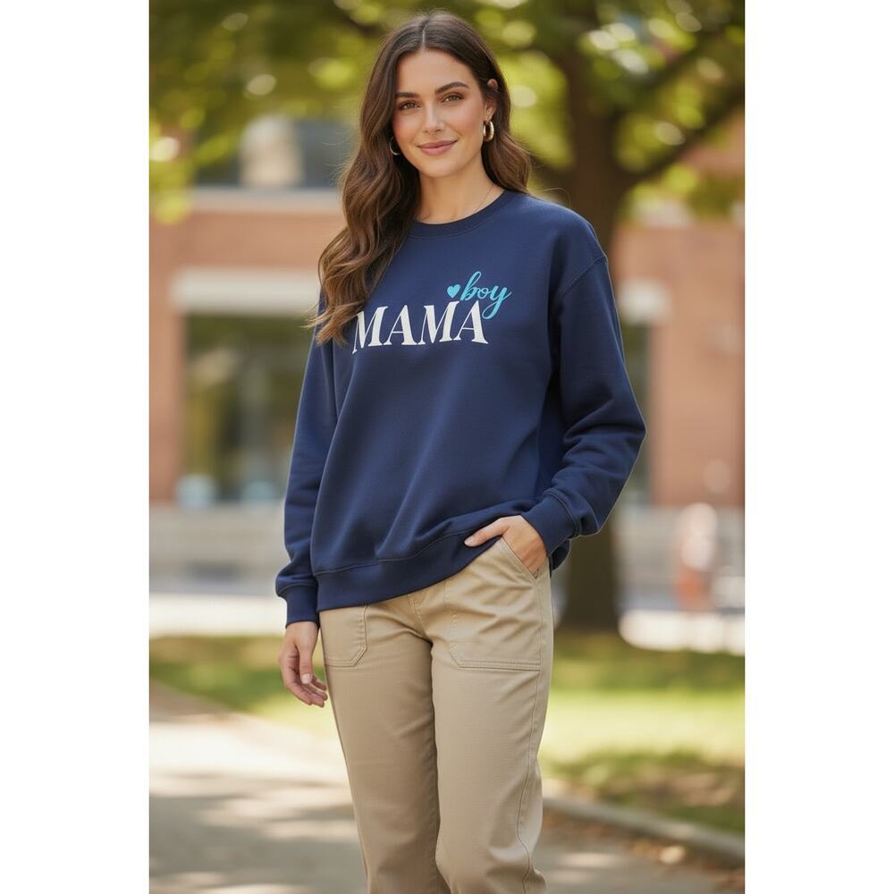 Boy Mama Crewneck Sweatshirt Navy Blue Graphic Pullover Size Medium